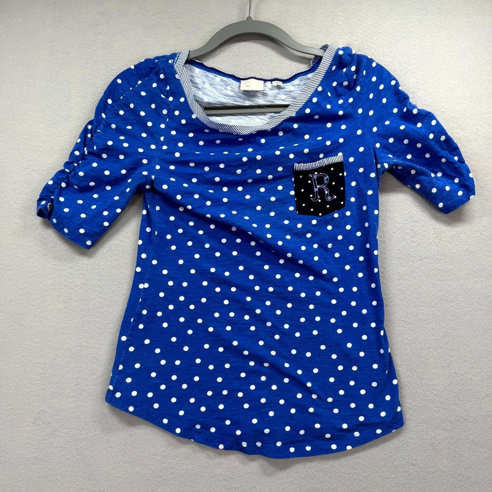 9-H15 STCL Anthropologie T-Shirt Womens Small Blue White Polka Dot Ruched Sleeve